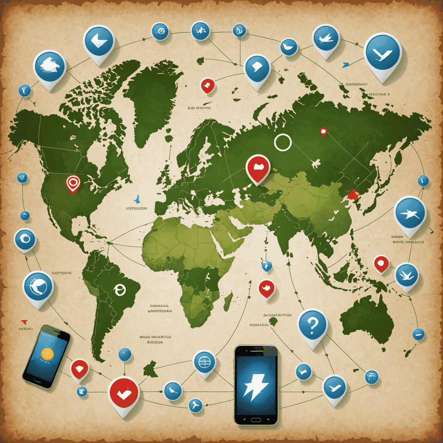 Mapa świata z symbolami telefonów komórkowych i strzałkami wskazującymi na różne kraje