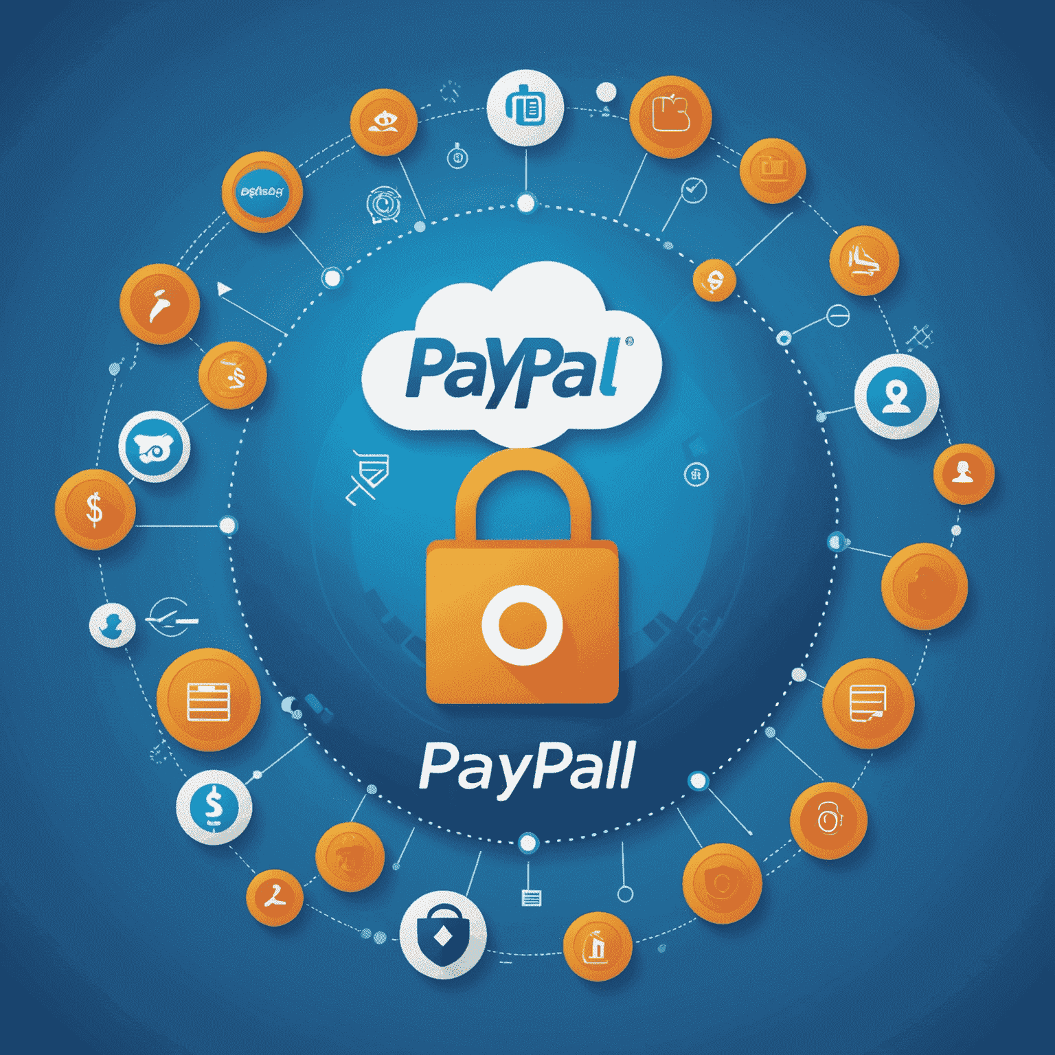 Logo PayPal na niebieskim tle z ikonami bezpieczeństwa